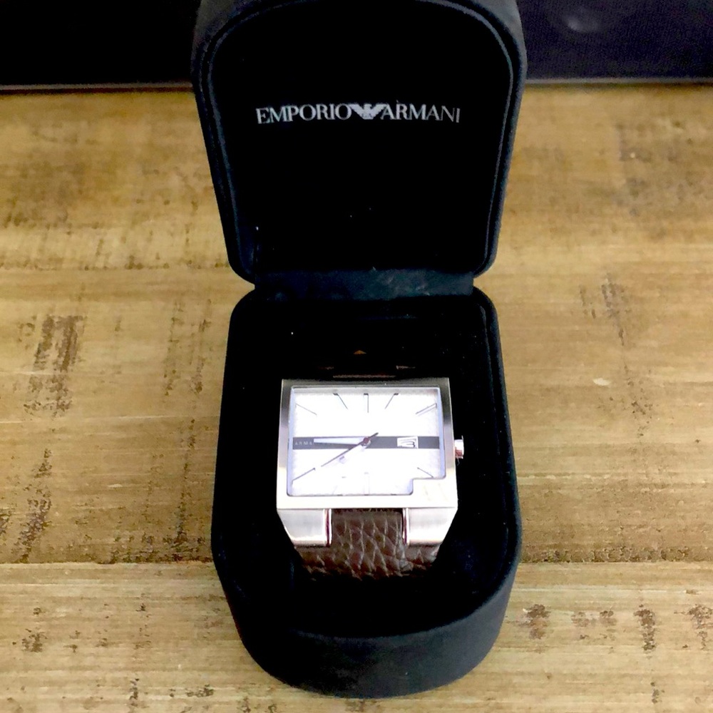 Brown strap silver face Armani watch